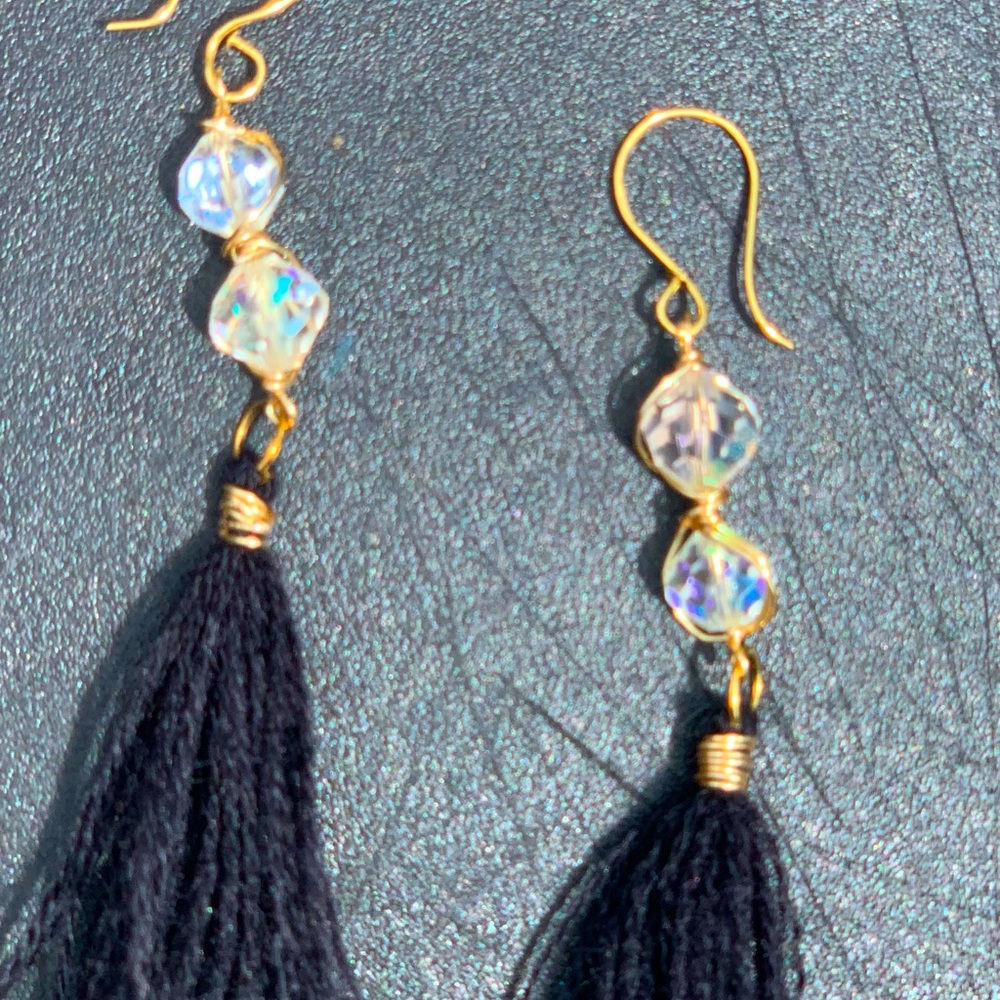 New handcrafted boutique gold wire wrapped Swarovski  crystal tassel earrings